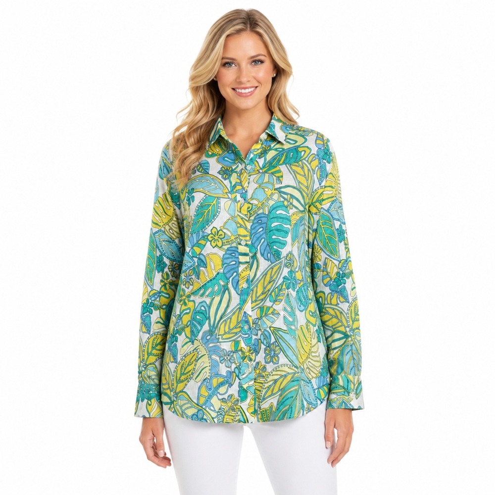 J. McLaughlin Britt Linen Tropical Leaf Button Shirt Blue Yellow XL Coastal‎